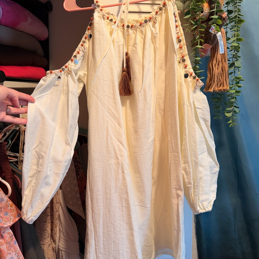 Three Bird Nest Cream Cold-Shoulder Boho Dress with Tassel